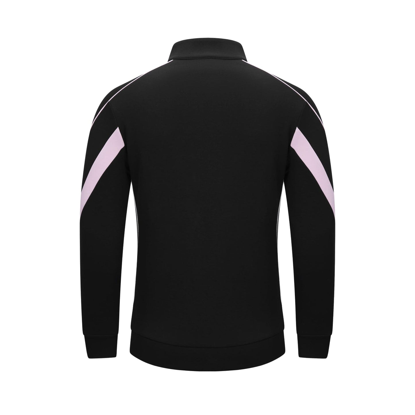 Black long-sleeve athletic jacket shown from the back, featuring light pink diagonal stripe accents on both upper arms and white piping along the shoulders, set against a plain white background.