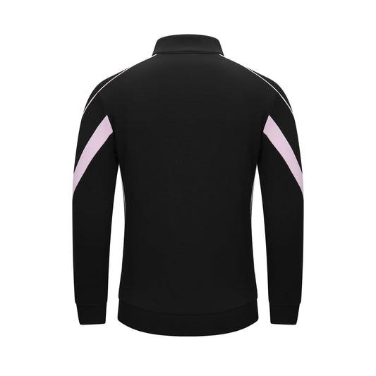 Black long-sleeve athletic jacket shown from the back, featuring light pink diagonal stripe accents on both upper arms and white piping along the shoulders, set against a plain white background.