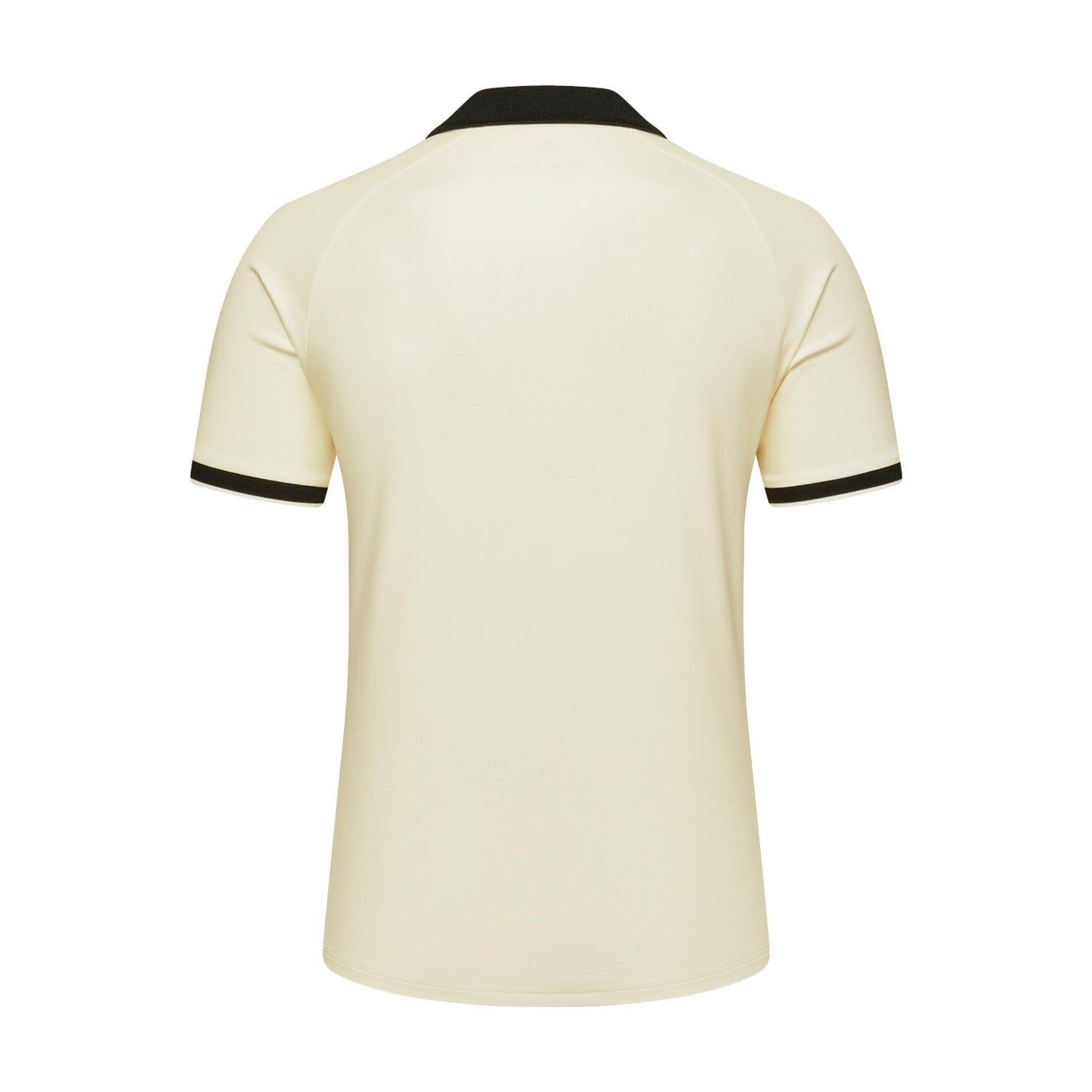 A short-sleeve polo shirt shown from the back, featuring a warm cream body with black trim on the collar and sleeve cuffs, set against a plain white background.