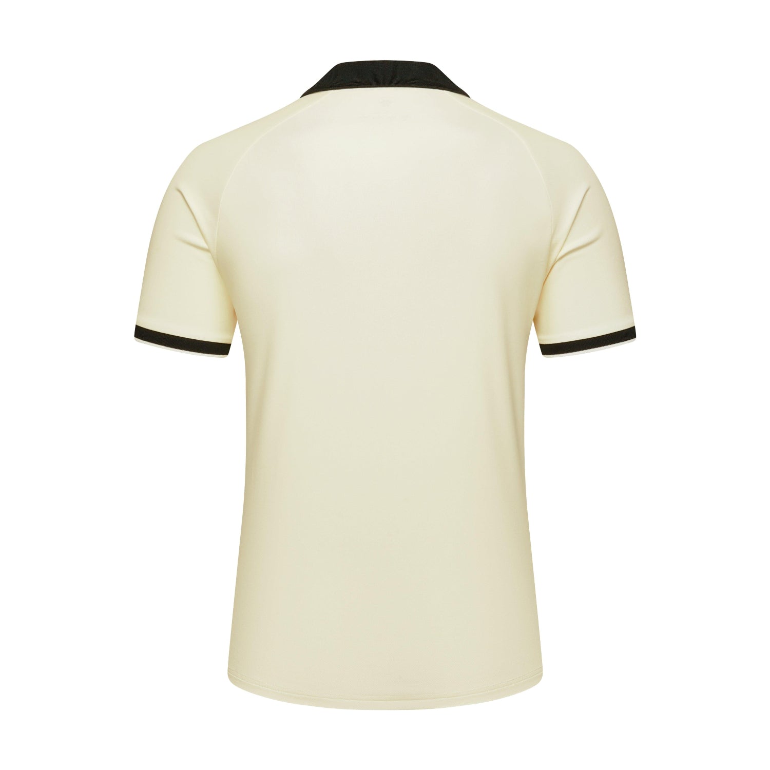 A short-sleeve polo shirt shown from the back, featuring a warm cream body with black trim on the collar and sleeve cuffs, set against a plain white background.