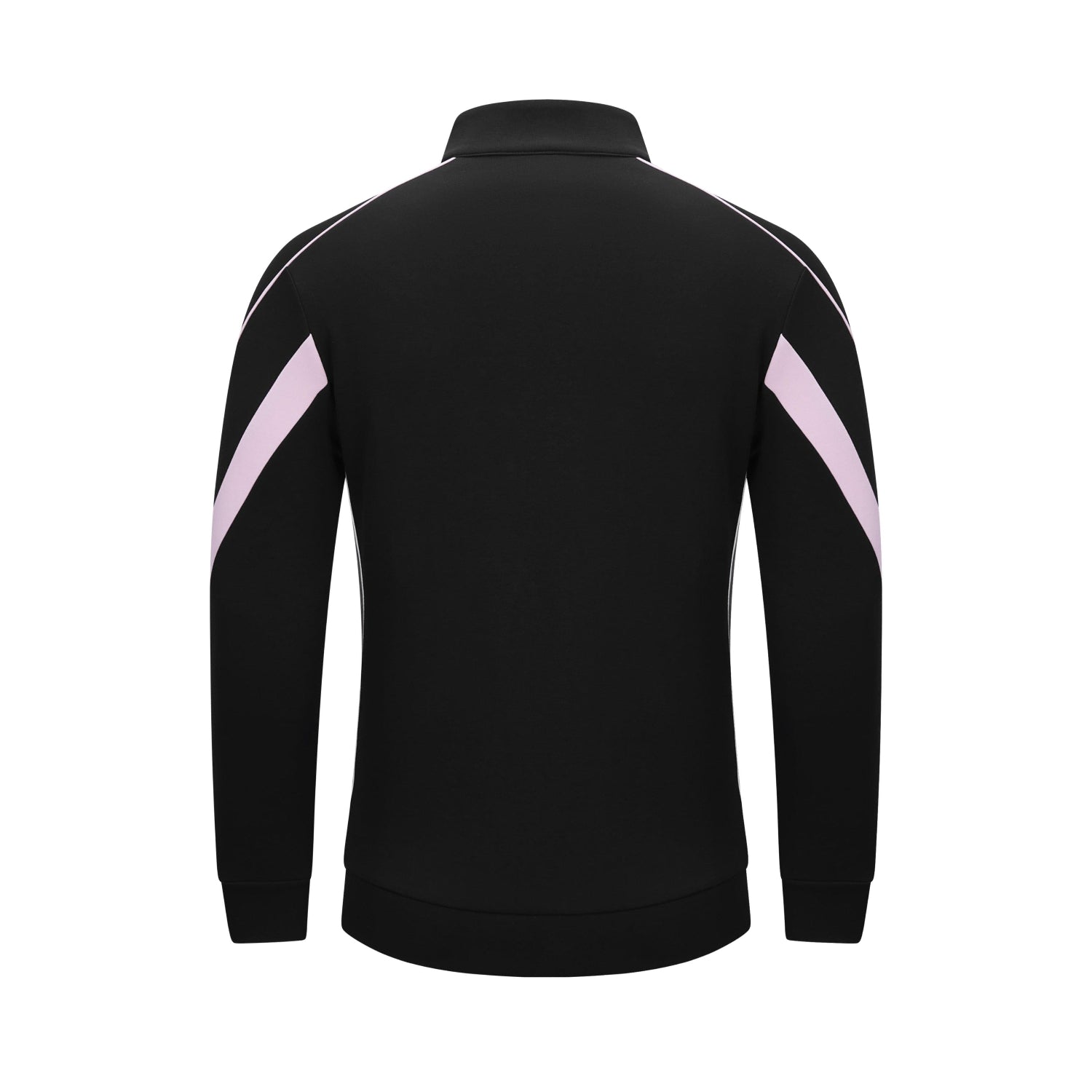 Black long-sleeve athletic jacket shown from the back, featuring light pink diagonal stripe accents on both upper arms and white piping along the shoulders, set against a plain white background.